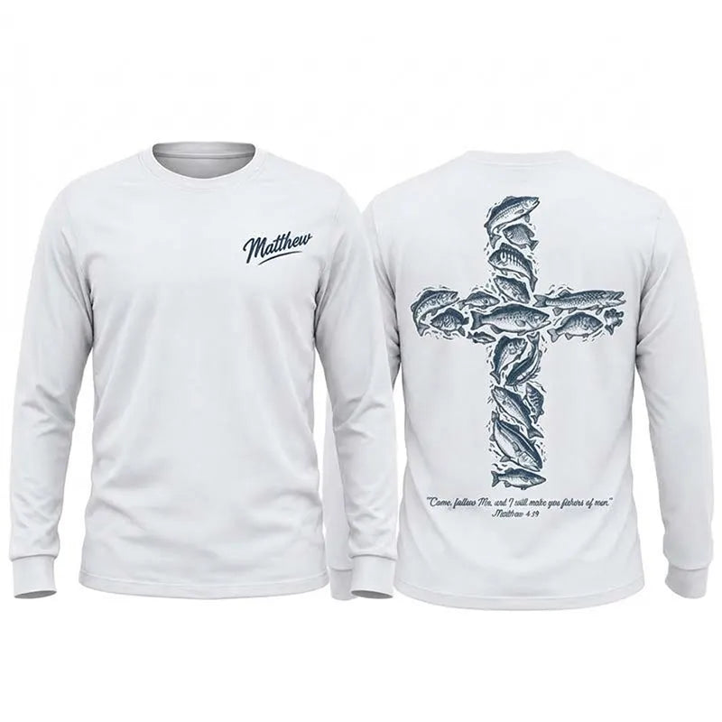 Personalized Matthew 4:19 Fishers of Men Christian Fishing Long Sleeve Shirt