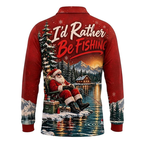 I'd Rather Be Fishing Santa Christmas Polo Long Sleeve Shirt