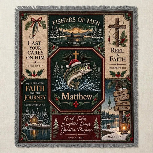 Gone Fishing with Jesus Personalized Christmas Fishing Tassels Blanket