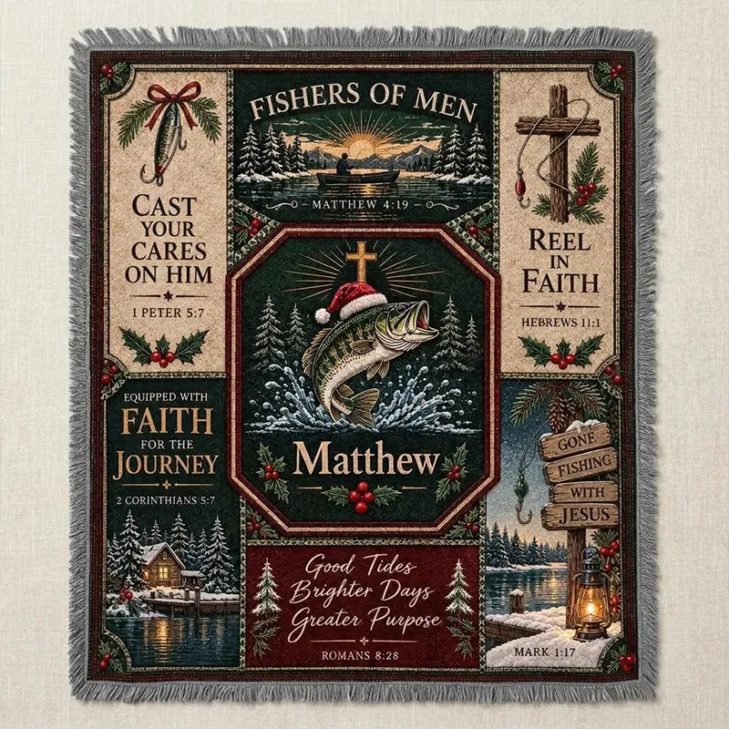 Gone Fishing with Jesus Personalized Christmas Fishing Tassels Blanket