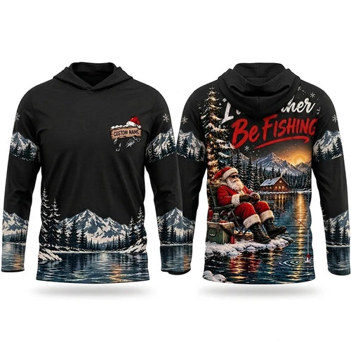 I'd Rather Be Fishing Santa Christmas Hooded Long Sleeve Shirt