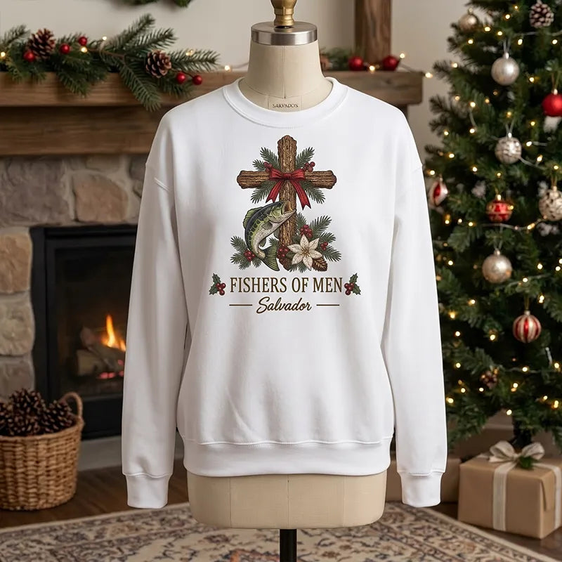 Personalized Fishers of Men Christmas Christian Fishing Sweater – Print & Embroidery