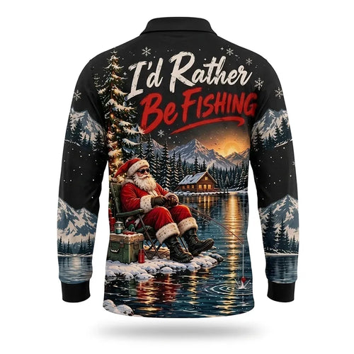 I'd Rather Be Fishing Santa Christmas Polo Long Sleeve Shirt