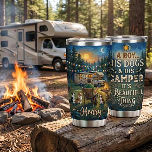 A Boy His Dogs & His Camper Personalized Camping Tumbler