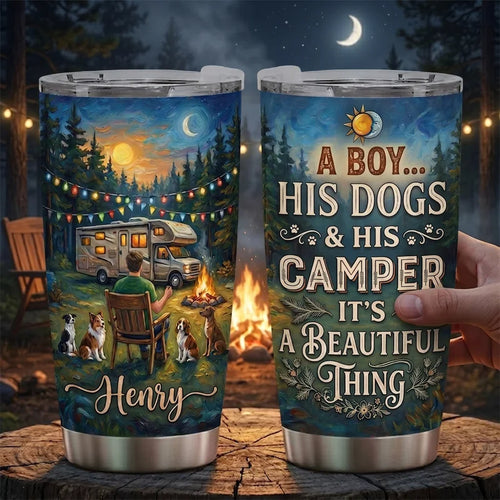A Boy His Dogs & His Camper Personalized Camping Tumbler