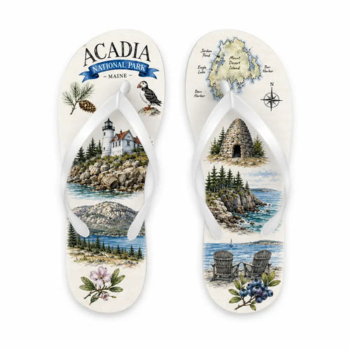 Acadia National Park Flip Flops featuring an Atlantic puffin, lighthouse, and Mount Desert Island map artwork