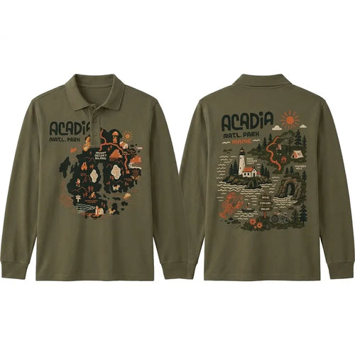 Acadia National Park Illustrated Map Polo Long Sleeve Shirt
