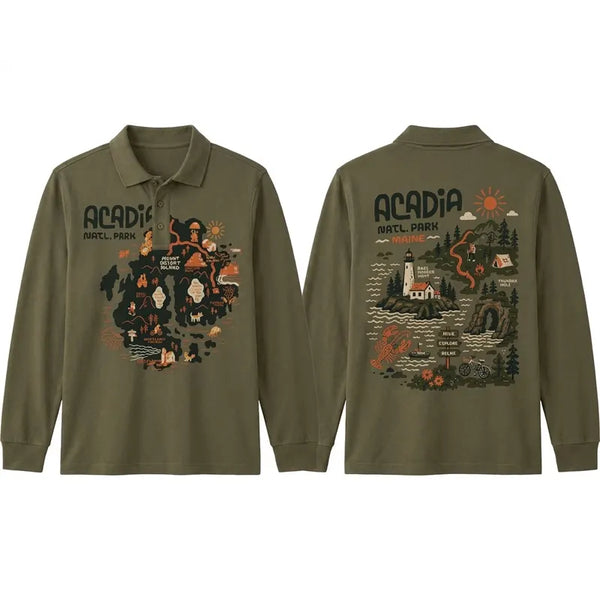 Acadia National Park Illustrated Map Polo Long Sleeve Shirt 2026