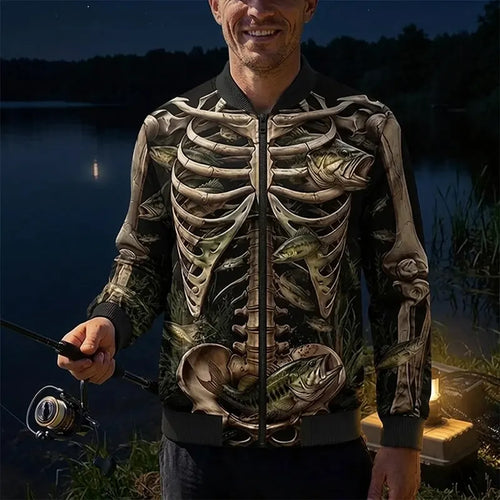 All-Over Print Skeleton Fishing Bomber Jacket