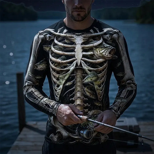 All-Over Print Skeleton Fishing Long Sleeve Shirt