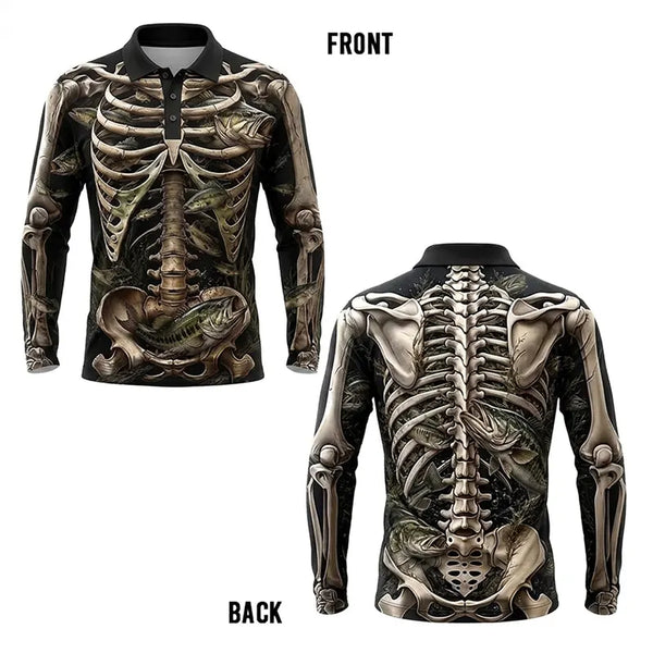 All-Over Print Skeleton Fishing Polo Long Sleeve Shirt