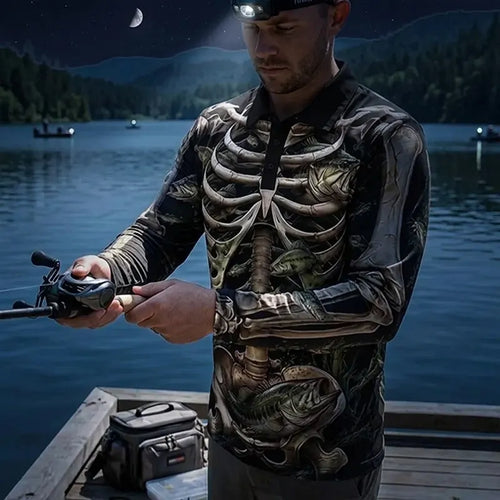 All-Over Print Skeleton Fishing Polo Long Sleeve Shirt