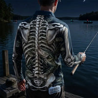 All-Over Print Skeleton Fishing Polo Long Sleeve Shirt