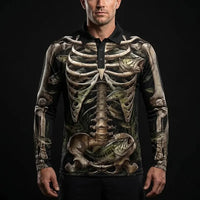 All-Over Print Skeleton Fishing Polo Long Sleeve Shirt
