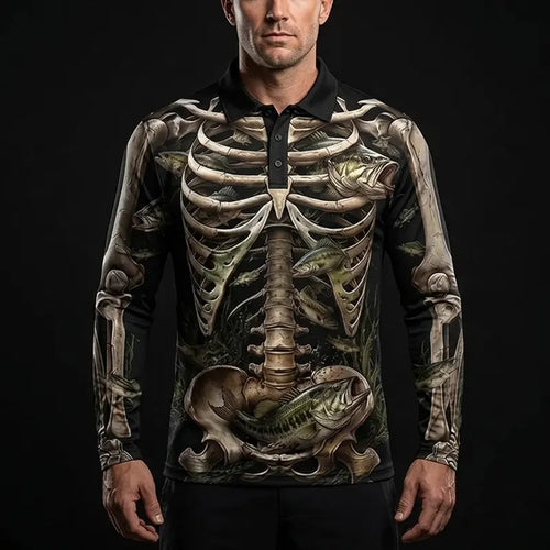 All-Over Print Skeleton Fishing Polo Long Sleeve Shirt