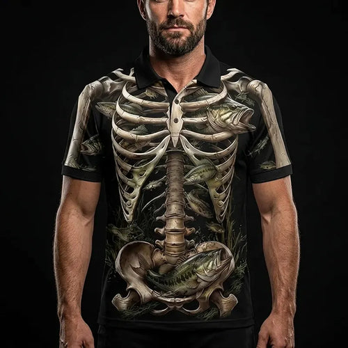 All-Over Print Skeleton Fishing Polo Shirt