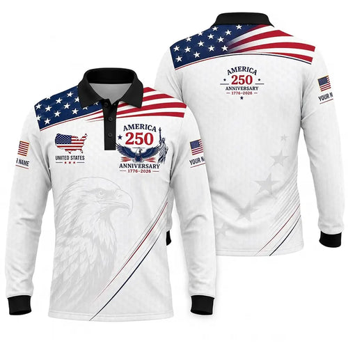 America 250 Anniversary 1776–2026 Patriotic Polo Long Sleeve Shirt
