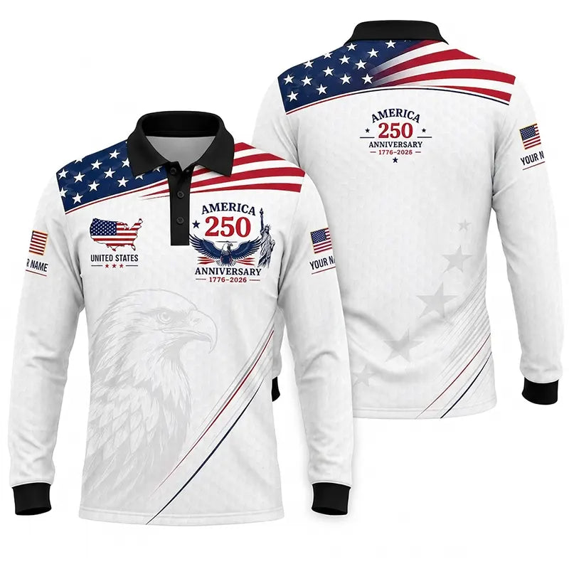 America 250 Anniversary 1776–2026 Patriotic Polo Long Sleeve Shirt