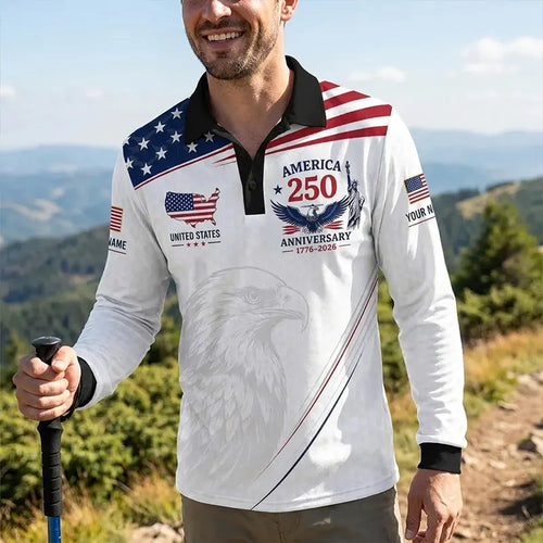 America 250 Anniversary 1776–2026 Patriotic Polo Long Sleeve Shirt