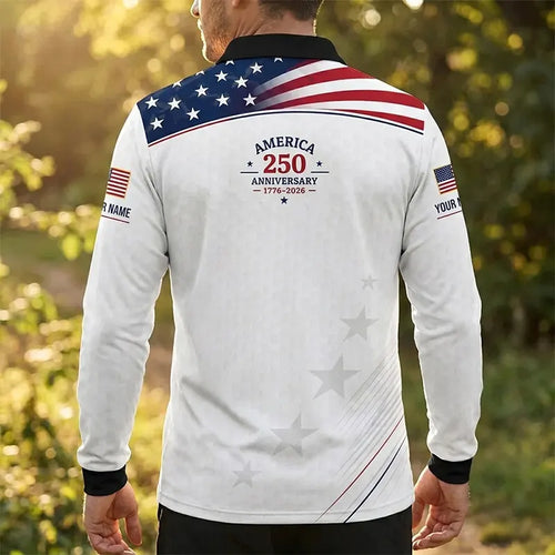 America 250 Anniversary 1776–2026 Patriotic Polo Long Sleeve Shirt