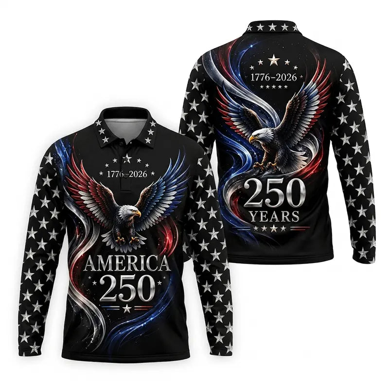 America 250 Years Patriotic Eagle Polo Long Sleeve Shirt
