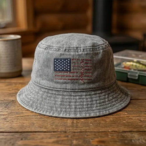 American Fish Flag Embroidered Fishing Bucket Hat