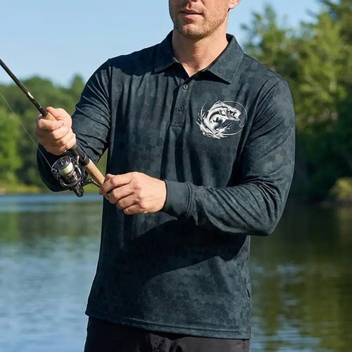 American Flag Fishing Enthusiast Polo Long Sleeve Shirt