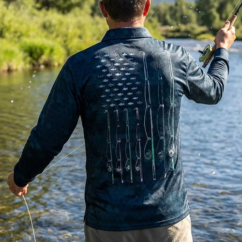 American Flag Fishing Enthusiast Polo Long Sleeve Shirt