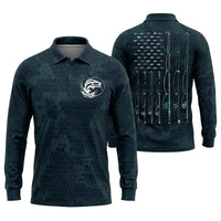 American Flag Fishing Enthusiast Polo Long Sleeve Shirt