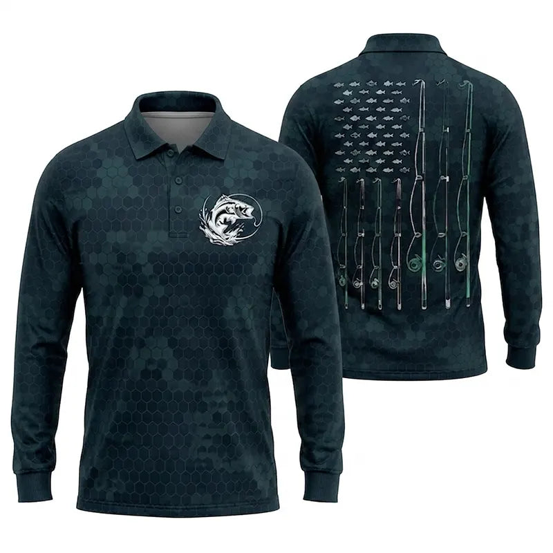 American Flag Fishing Enthusiast Polo Long Sleeve Shirt