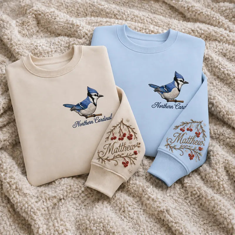 Birding Blue Jay Sweater – Print & Embroidery