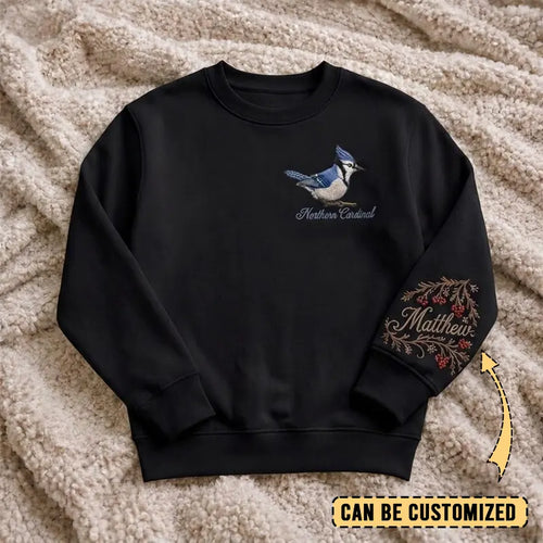 Birding Blue Jay Sweater – Print & Embroidery