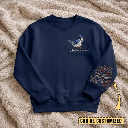 Birding Blue Jay Sweater – Print & Embroidery
