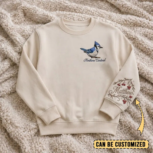 Birding Blue Jay Sweater – Print & Embroidery