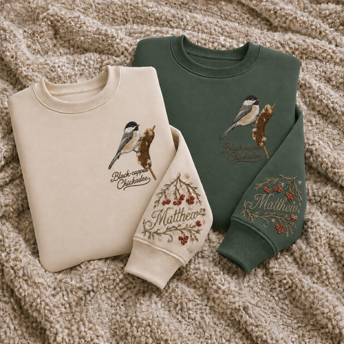 Black-capped Chickadee Sweater – Print & Embroidery