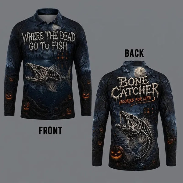 Bone Catcher Halloween Fishing Polo Long Sleeve Shirt