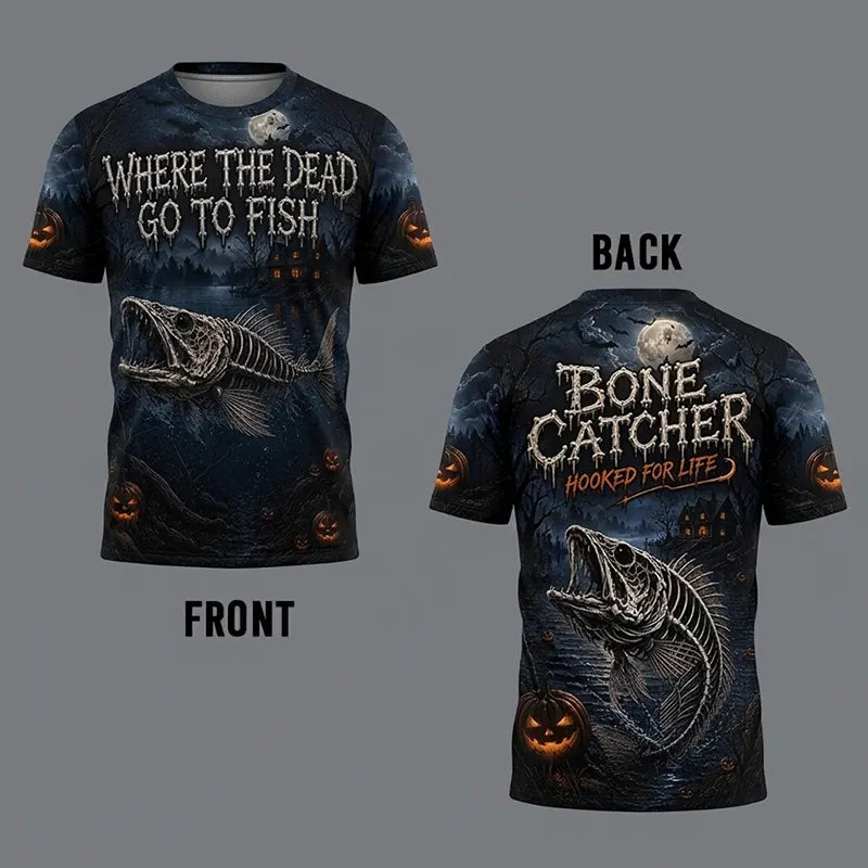 Bone Catcher Halloween Fishing T-Shirt with skeletal fish and gothic swamp scene