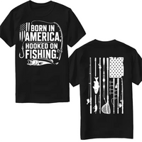 Born in America, Hooked on Fishing Black Graphic T-Shirt for Fishing Lovers