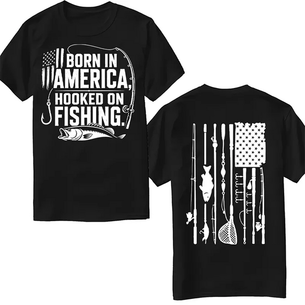 Born in America, Hooked on Fishing Black Graphic T-Shirt for Fishing Lovers