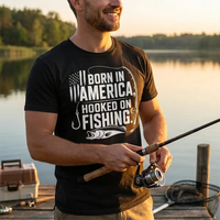 Born in America, Hooked on Fishing Black Graphic T-Shirt for Fishing Lovers