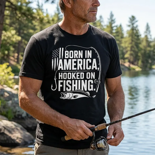 Born in America, Hooked on Fishing Black T-Shirt
