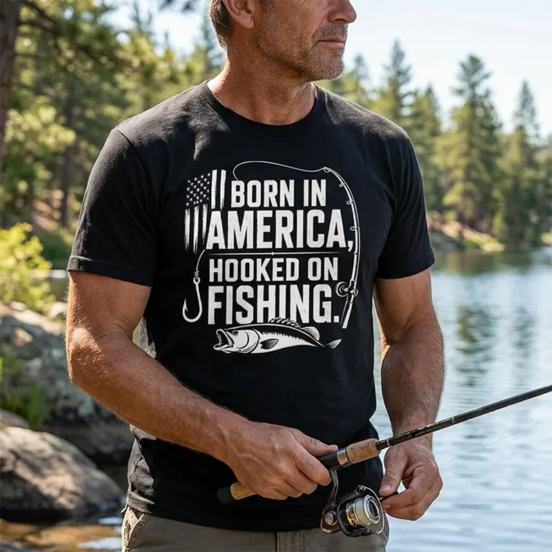Born in America, Hooked on Fishing Black T-Shirt