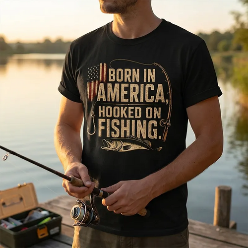 Born in America, Hooked on Fishing Black T-Shirt
