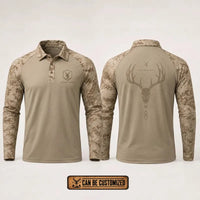 Built For The Hunt Deer Skull Camo Polo Long Sleeve Shirt