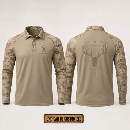 Built For The Hunt Deer Skull Camo Polo Long Sleeve Shirt