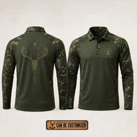 Built For The Hunt Deer Skull Camo Polo Long Sleeve Shirt