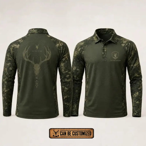 Built For The Hunt Deer Skull Camo Polo Long Sleeve Shirt