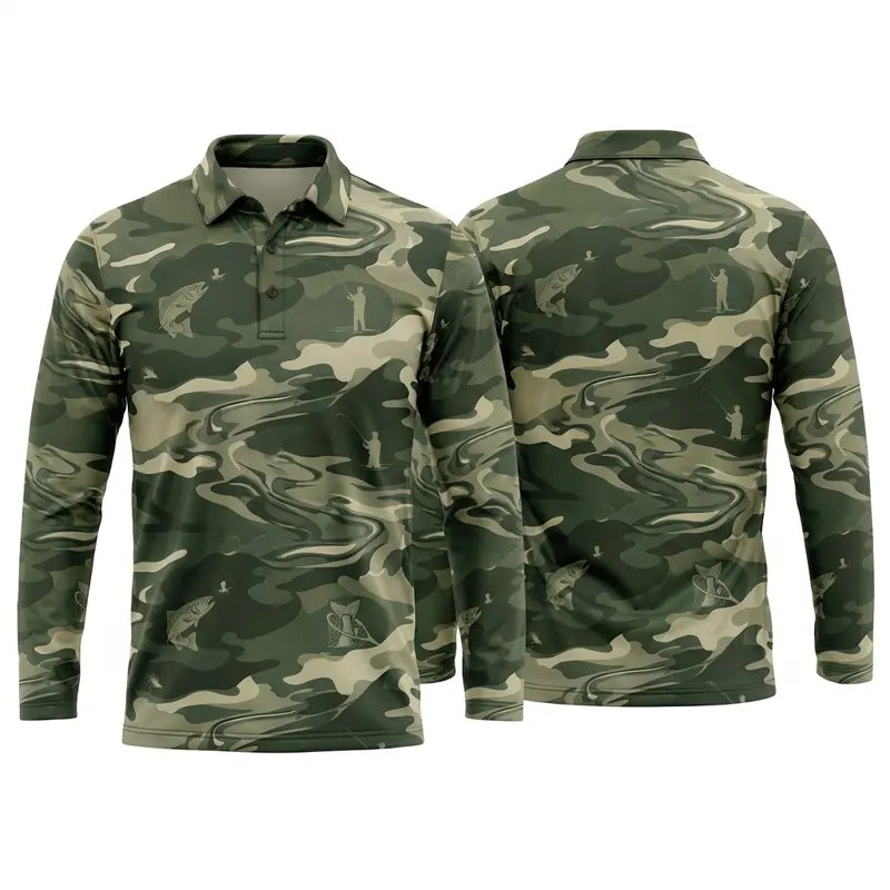 Camo Fishing Outdoor Polo Long Sleeve Shirt