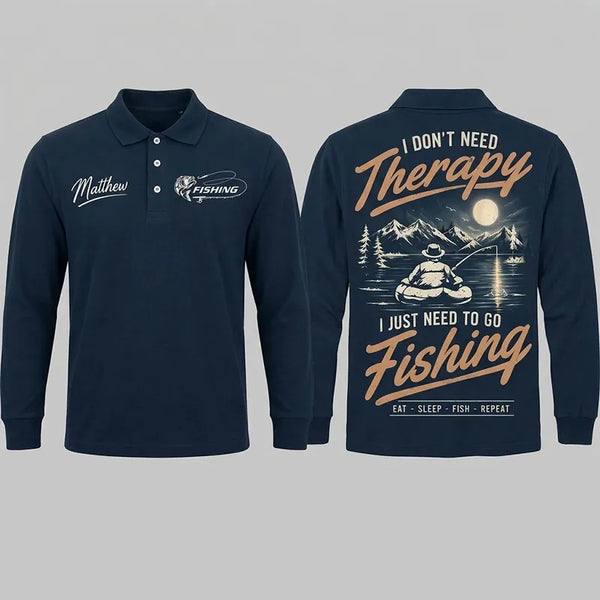 Personalized I Don't Need Therapy I Just Need Fishing Vintage Polo Long Sleeve Shirt