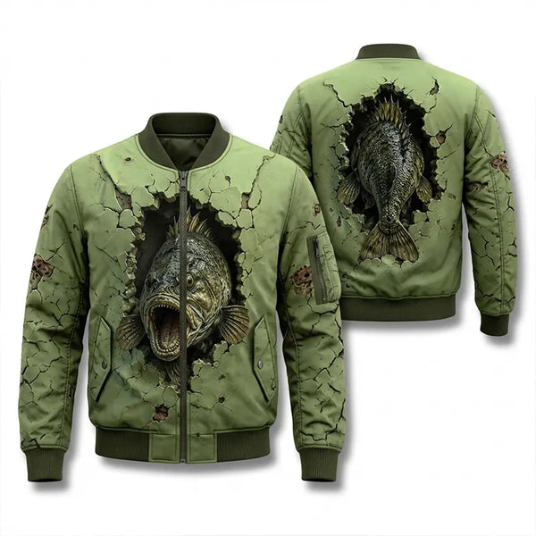 Cracked Wall 3D Largemouth Bass Fishing Bomber Jacket